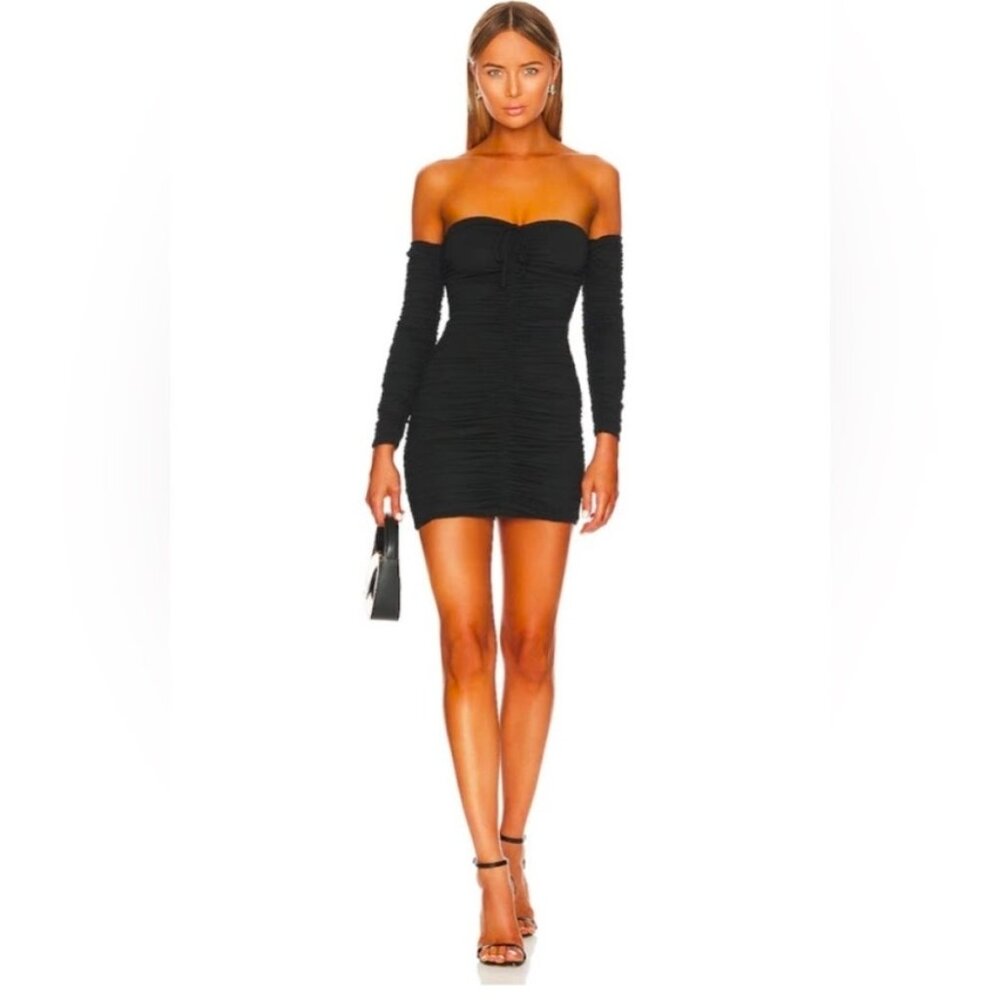Off-Shoulder Black Mini Dress - Elegant Ruched Long Sleeve